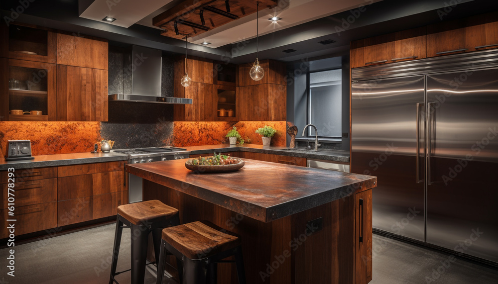 Luxury kitchen island with stainless steel appliances and elegant lighting generated by AI