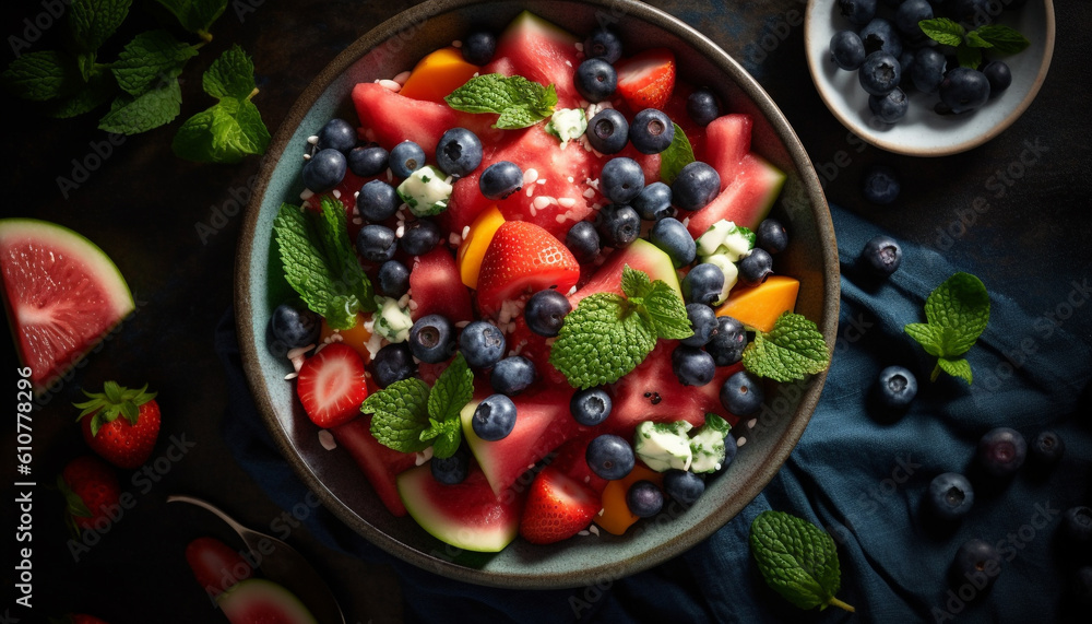 Organic berry salad with mint leaf and granola on rustic plate generated by AI