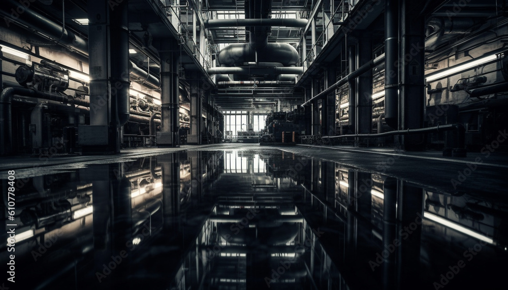 Spooky abandoned factory, a futuristic vanishing point of engineering design generated by AI