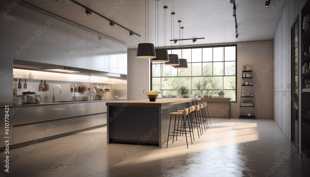 Modern domestic kitchen design with elegant wood and steel materials generated by AI