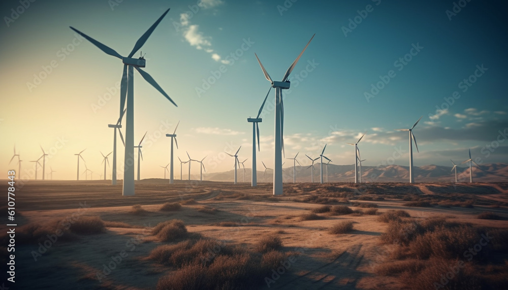 Wind turbines turning in the sunset, powering sustainable energy growth generated by AI