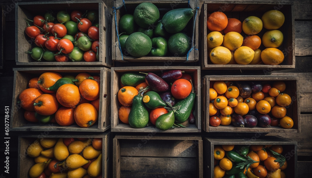 Abundant crate of juicy, ripe citrus fruit on wooden table generated by AI