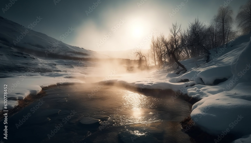 Tranquil scene of a mountain range reflecting in flowing water generated by AI