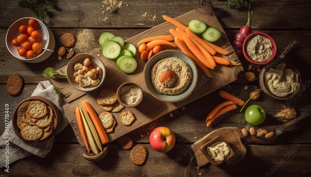 Rustic vegetarian meal on wooden table with fresh organic ingredients generated by AI