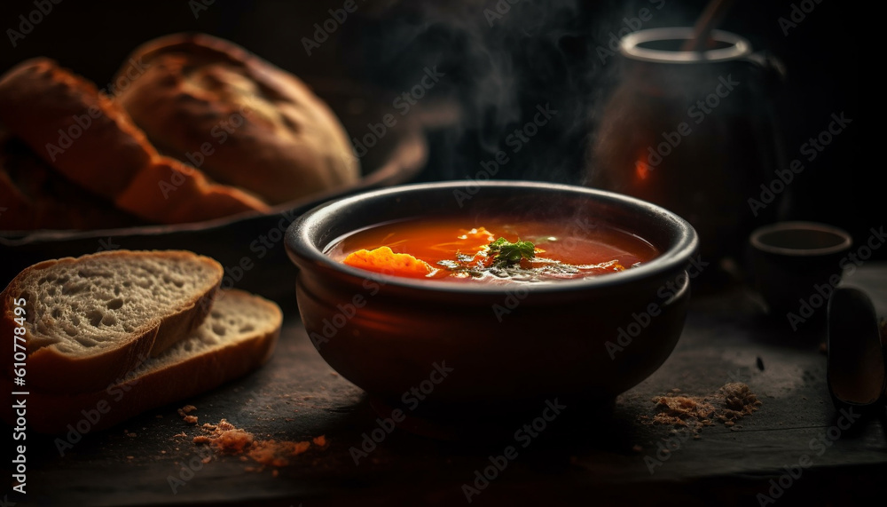 Rustic homemade soup, a healthy vegetarian meal on wooden table generated by AI