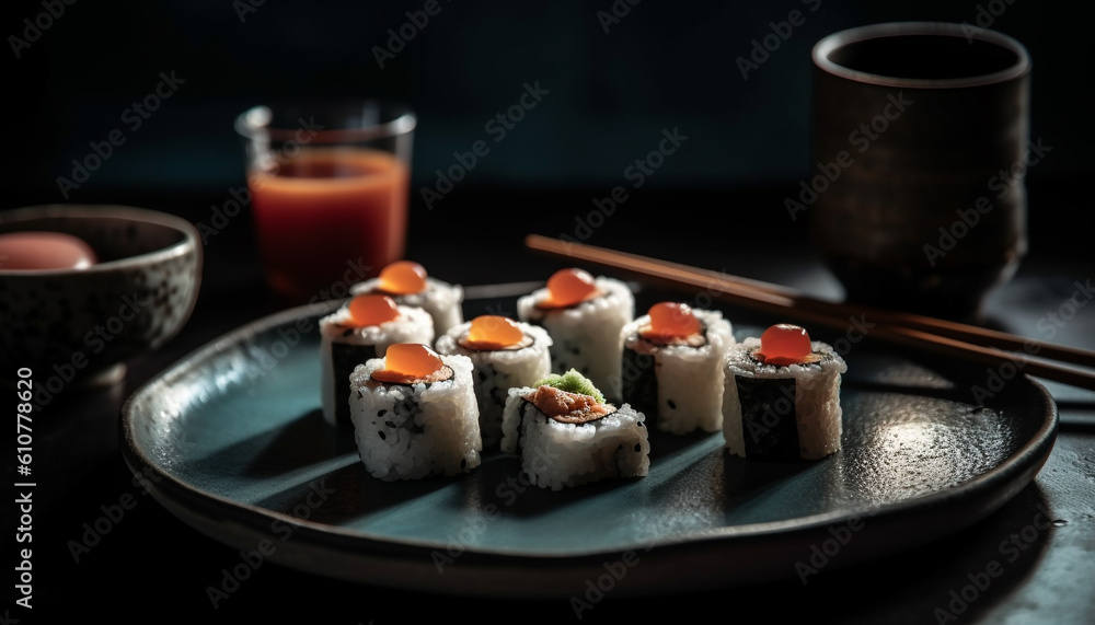 Fresh seafood meal on plate with chopsticks, rolled up maki sushi generated by AI