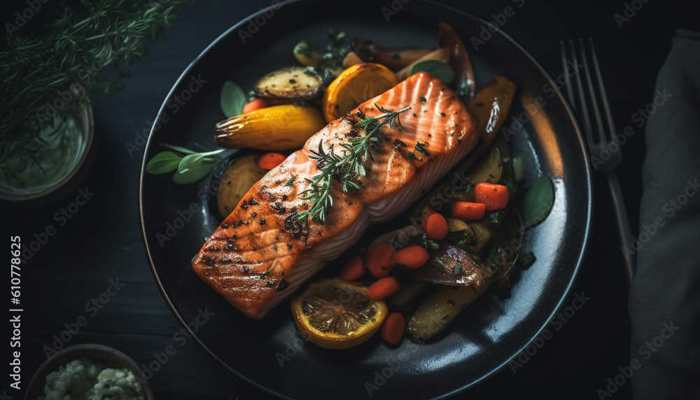 Grilled salmon fillet with vegetable salad and roasted potato slice generated by AI