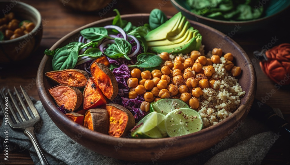 Fresh vegetarian salad with avocado, tomato, and cilantro on rustic wood generated by AI