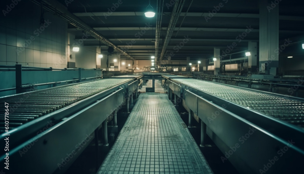 Modern subway station with futuristic design and steel flooring generated by AI