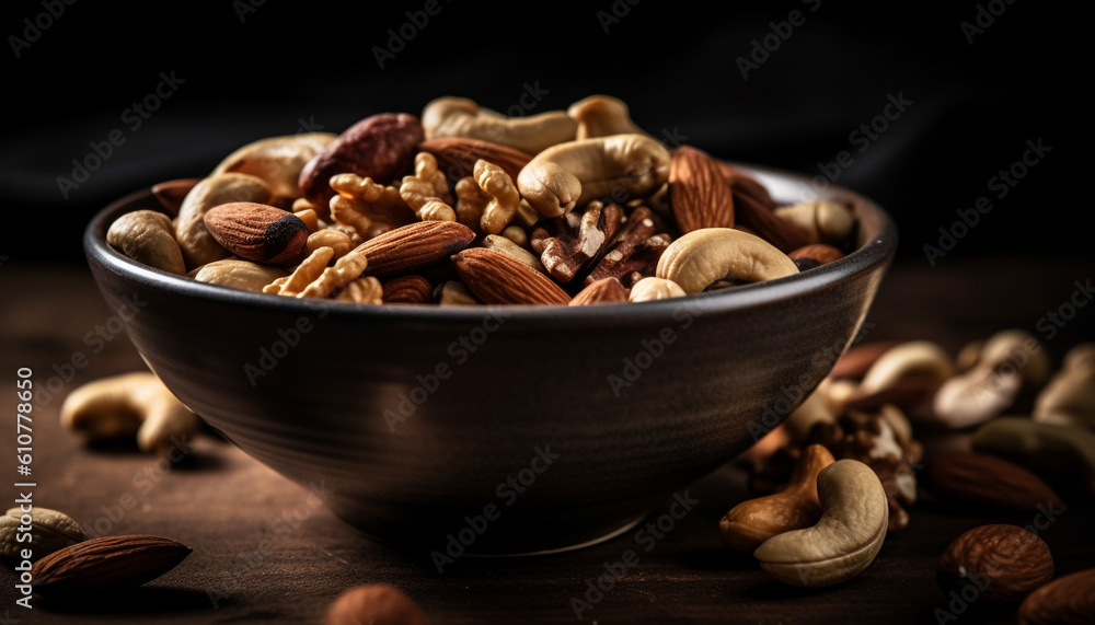 Organic nut bowl almond, cashew, pecan, walnut, hazelnut, peanut generated by AI