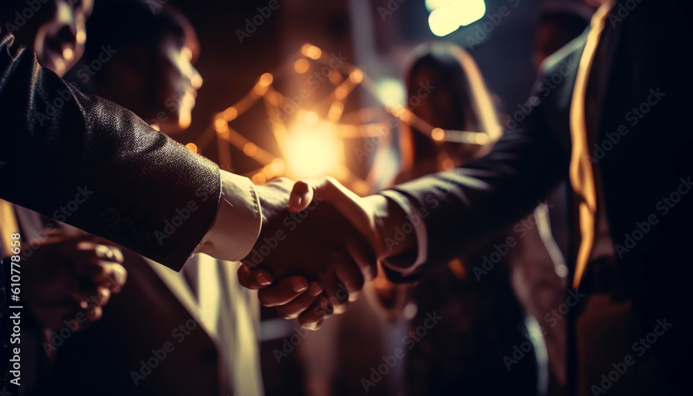 Successful business team celebrates agreement, shaking hands in close up generated by AI