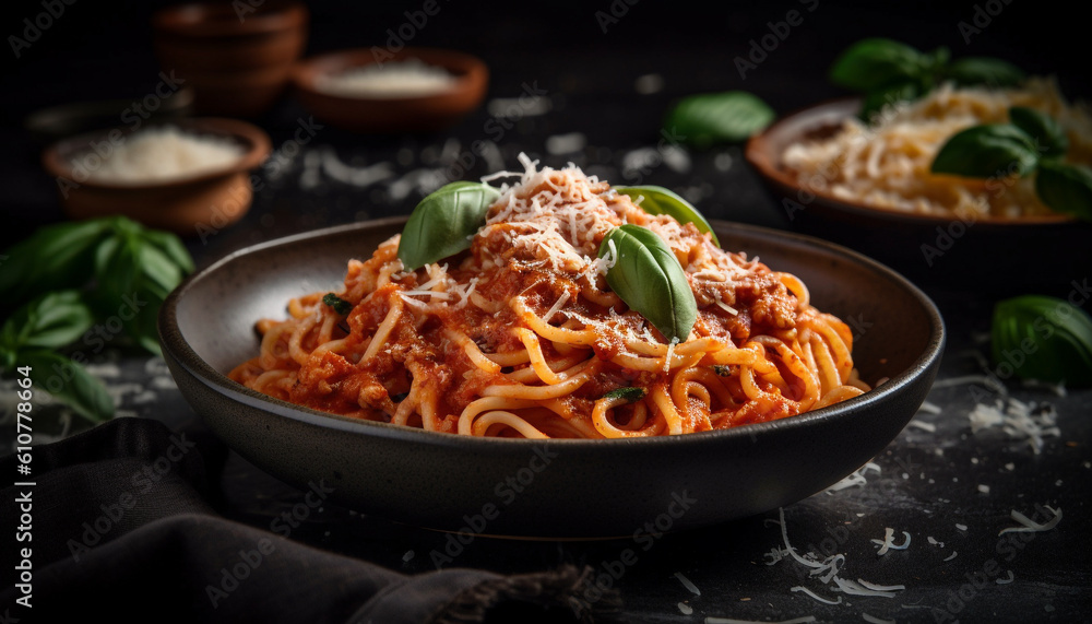 Freshly cooked pasta with bolognese sauce and parmesan cheese garnished with parsley generated by AI