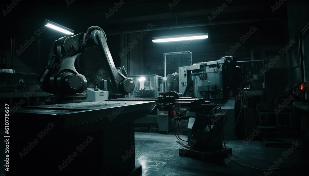 Modern metal industry workshop robotic arms, heavy machinery, skilled workers generated by AI