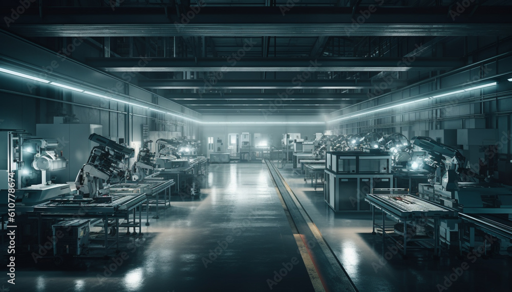 Modern metal industry factory with robotic arms and conveyor belts generated by AI