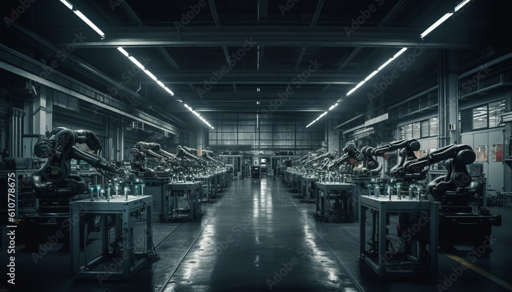 Robotic arm exercises in futuristic metal industry factory warehouse generated by AI