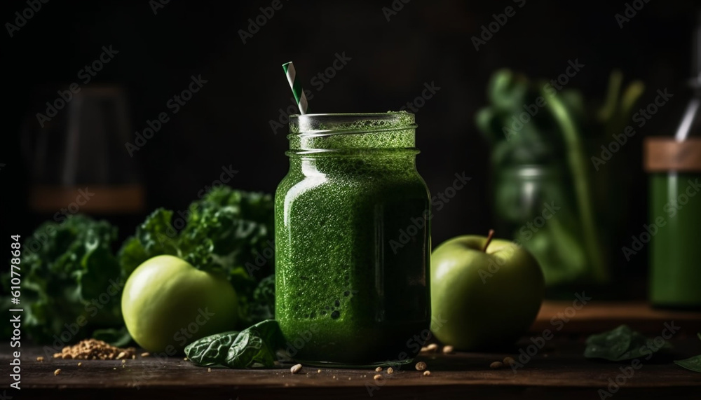 Organic smoothie with fresh fruit and healthy vegetables on rustic table generated by AI