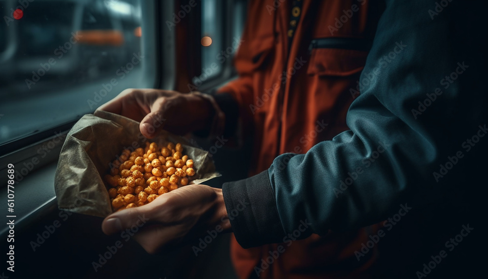 One man holding fresh vegetables, sitting indoors, preparing healthy meal generated by AI