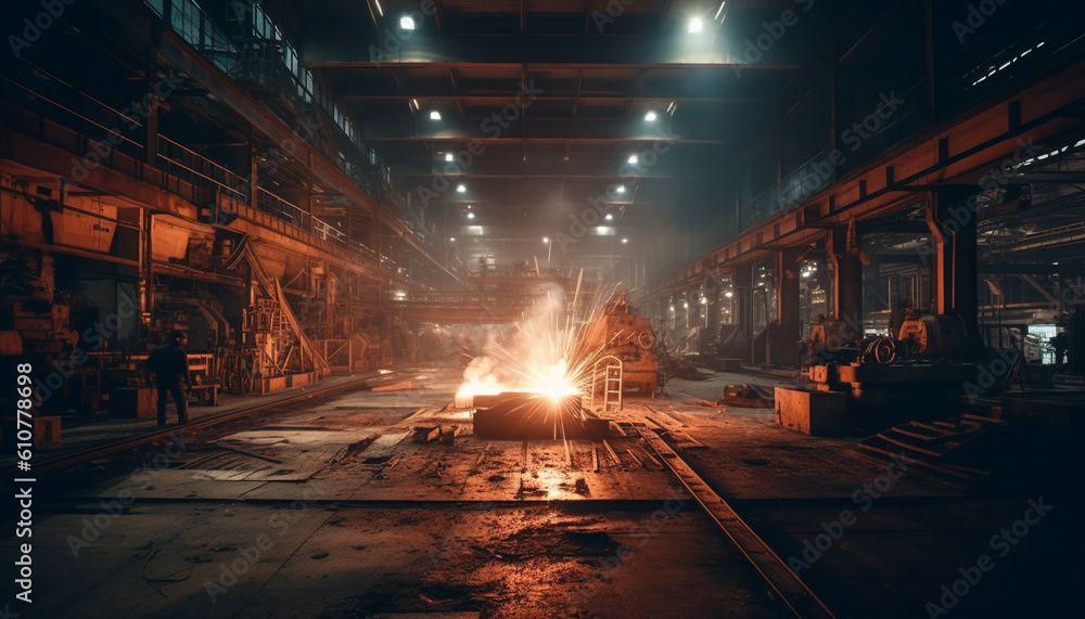 Inside the steel mill, machinery glows in the burning furnace generated by AI