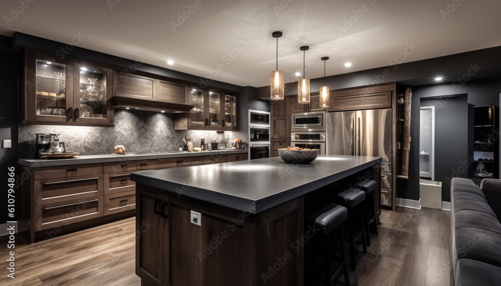 Modern domestic kitchen design with luxury wood cabinet and appliances generated by AI