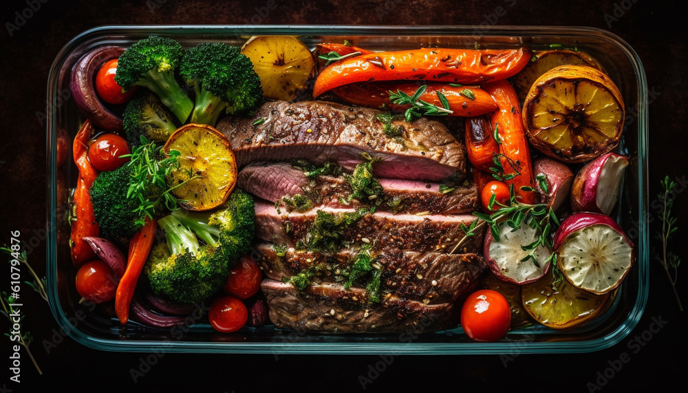 Grilled steak with fresh vegetables and roasted bell pepper slices generated by AI