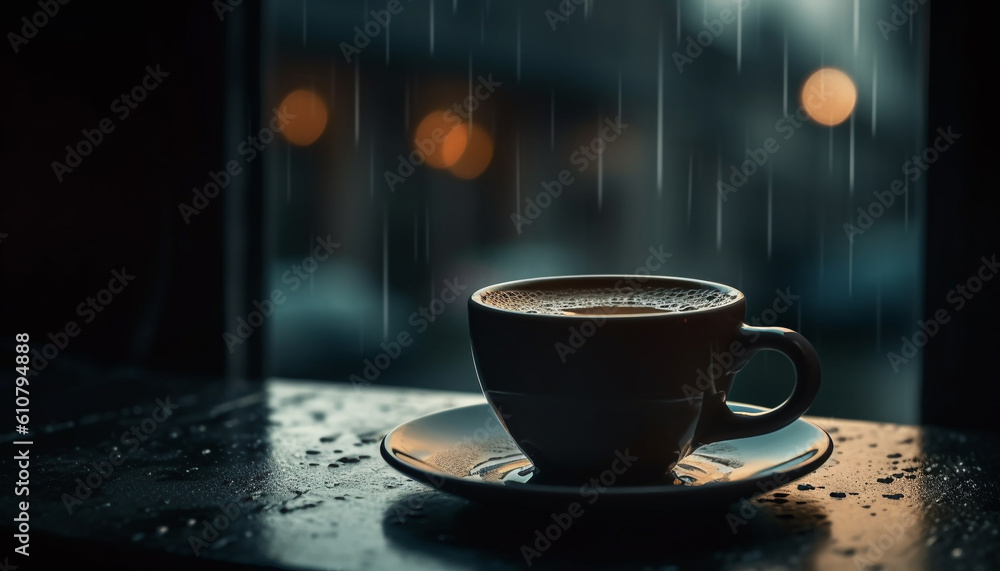 Fresh cappuccino on rustic wood table, steam rising from frothy drink generated by AI