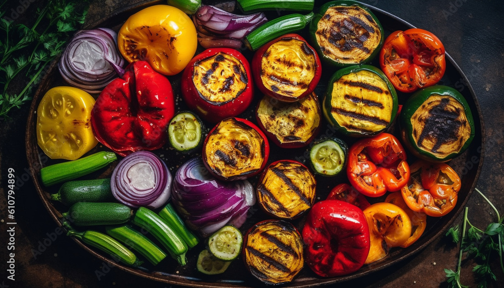 Grilled vegetable salad with fresh tomato, onion, and eggplant slices generated by AI