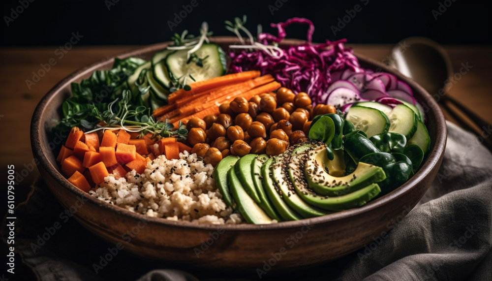 Fresh vegetarian salad with healthy organic ingredients on rustic wood plate generated by AI