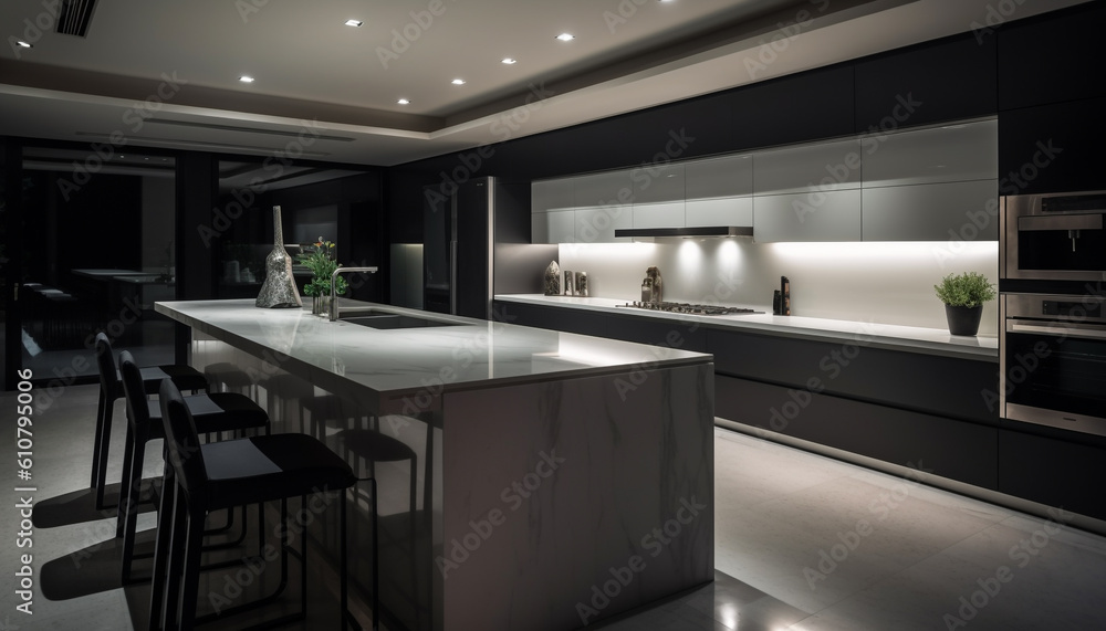 Modern kitchen design with luxury appliances, elegant marble island, and bright lighting generated b