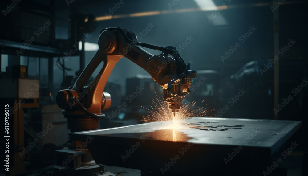 Metal industry workshop robotic arm welds steel on production line generated by AI