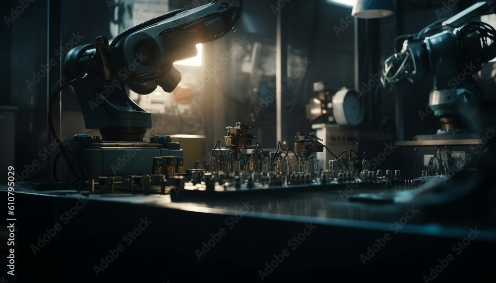 Automated robotic arm controls production line in futuristic metal industry generated by AI