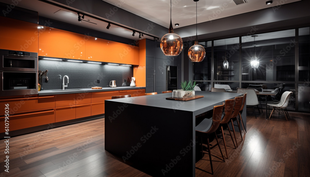 Modern luxury kitchen design with elegant wood material and lighting equipment generated by AI