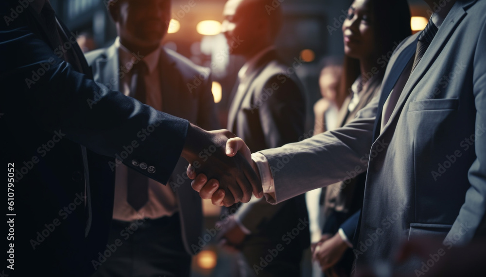 Successful businessmen shaking hands in a multi ethnic group outdoors generated by AI