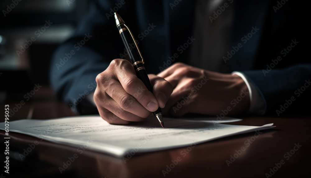 Businessman signing contract with pen at desk in office generated by AI