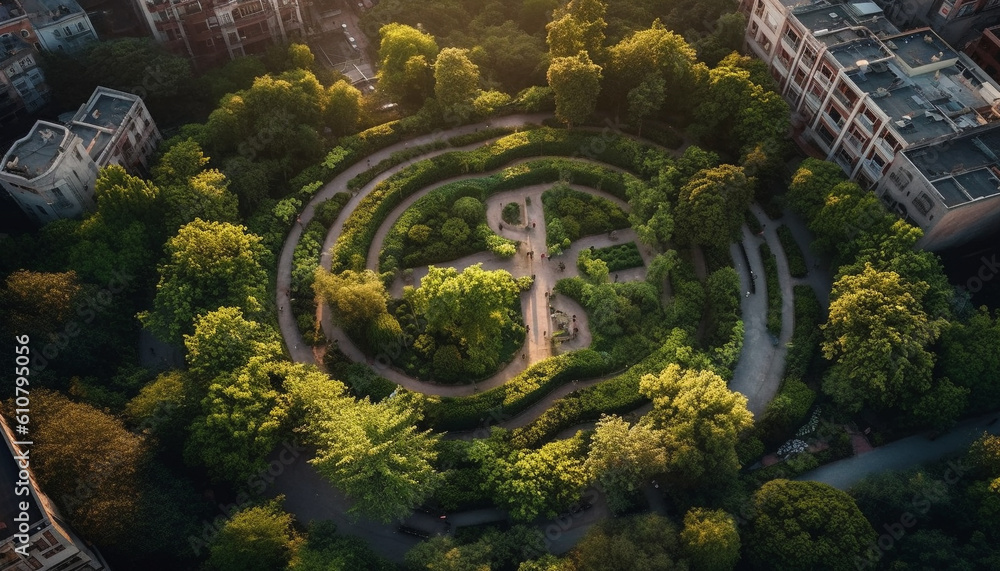 Green forest growth, aerial view of modern cityscape at sunset generated by AI