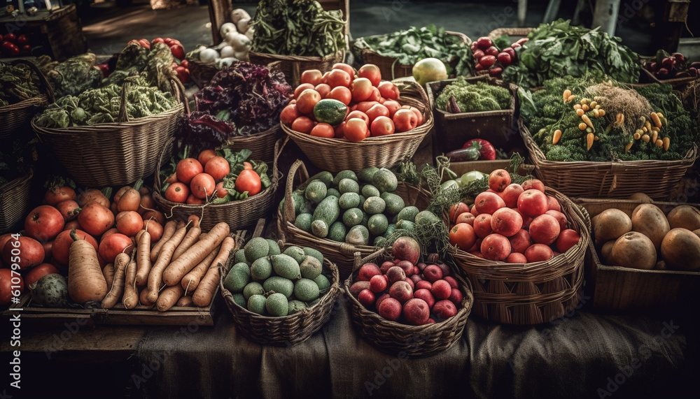 Abundant variety of fresh organic fruits and vegetables in wicker basket generated by AI