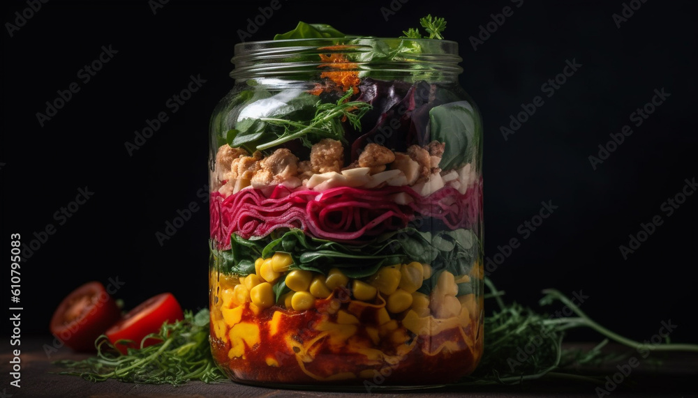 Fresh vegetable salad with tomato, leaf, and carrot in jar generated by AI