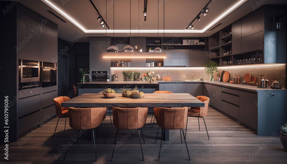 Luxury domestic kitchen design with elegant wood flooring and lighting generated by AI