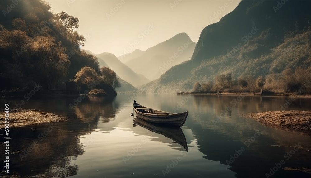 Tranquil scene of a mountain range at sunset on a lake generated by AI