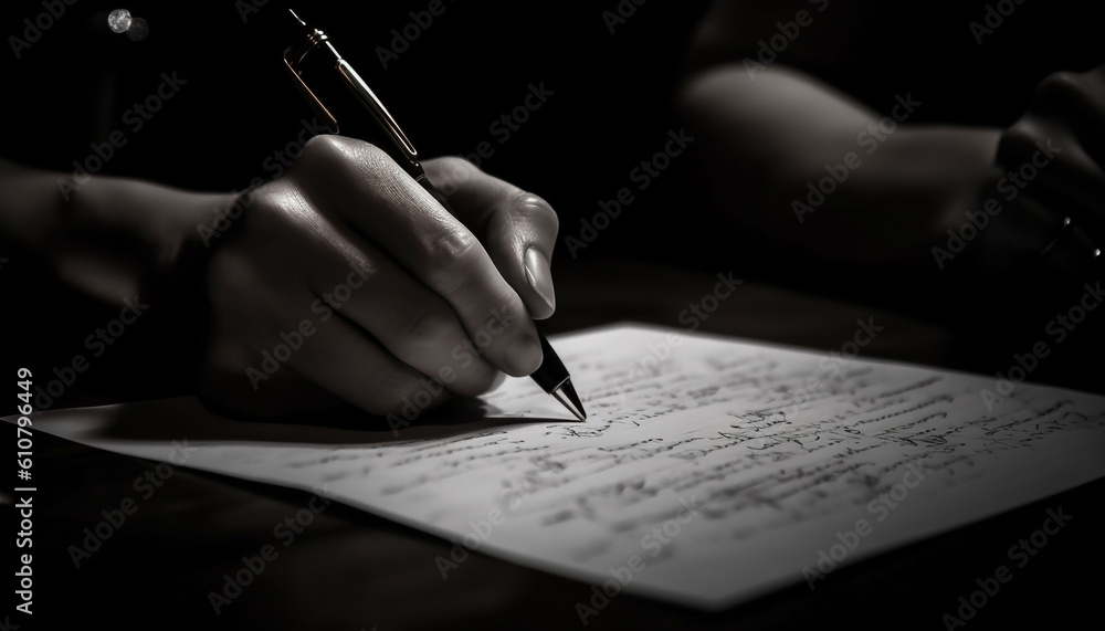 Hand holding pen, focusing on foreground, signing sheet music document generated by AI