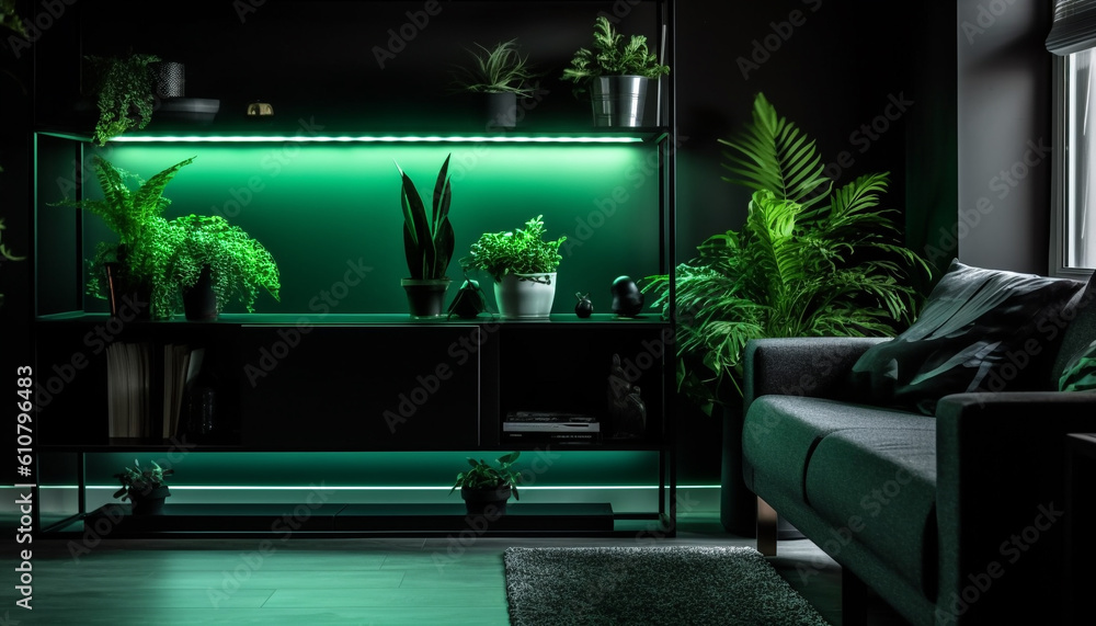 Modern domestic room with green plant, electric lamp, and glass generated by AI