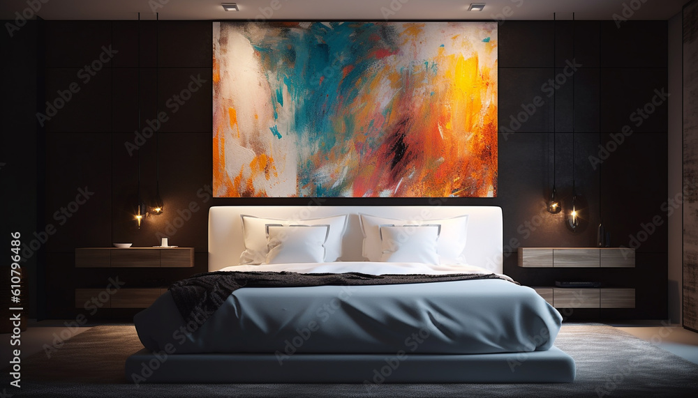 Modern luxury bedroom with comfortable bedding and elegant decor illuminated generated by AI