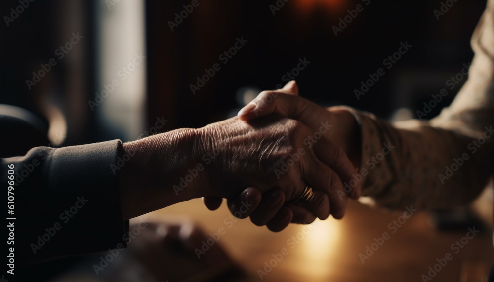 Office coworkers of Caucasian ethnicity shaking hands in professional agreement generated by AI