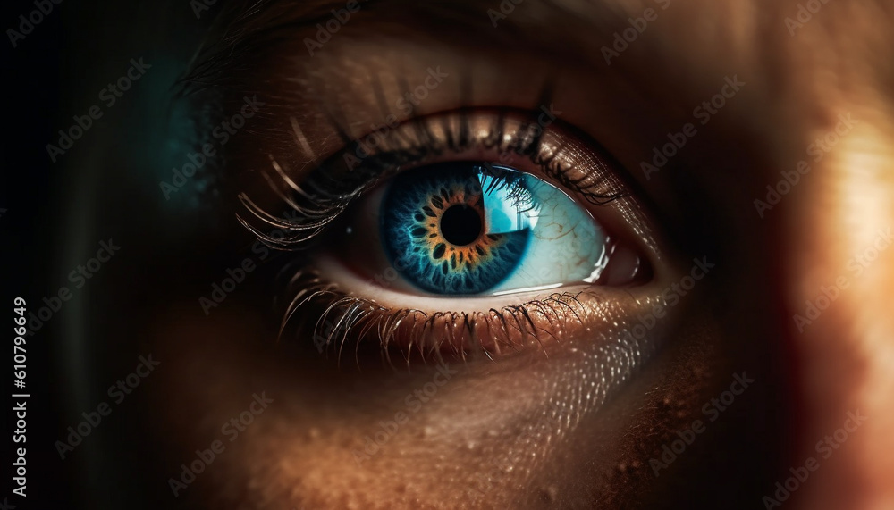 Close up of a Caucasian woman blue eye, staring into nature generated by AI