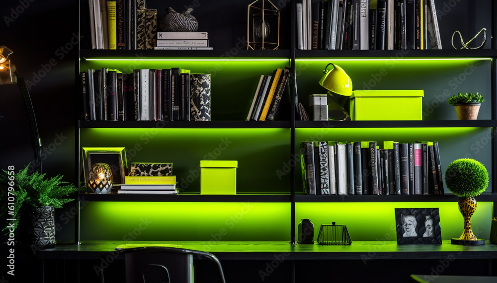 Green illuminated plant decor on bookshelf in modern home interior generated by AI