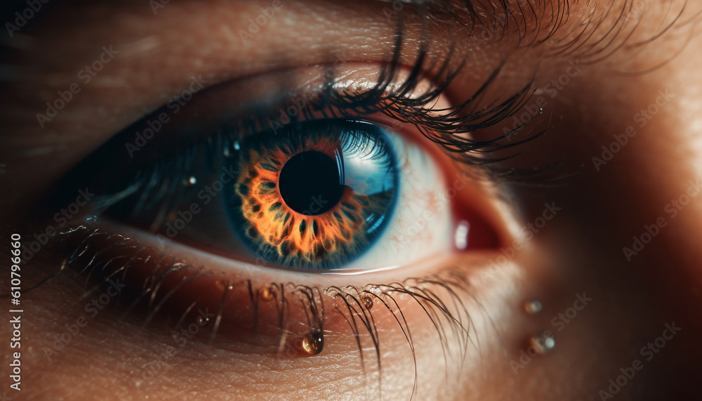 Close up of one woman beautiful blue eye, staring at camera generated by AI