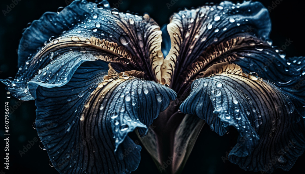 Multi colored petals grow on green branch in dark forest environment generated by AI