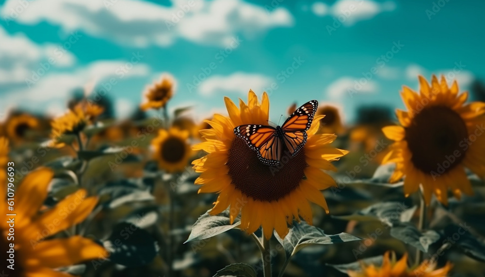 Vibrant sunflower blossom attracts bee for pollination in rural meadow generated by AI