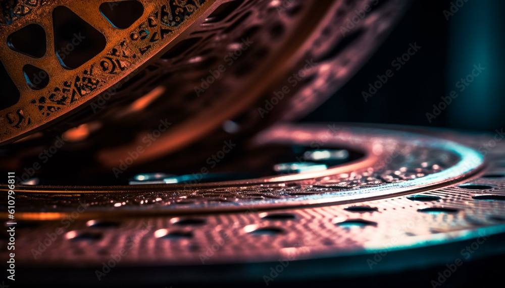 Abstract metallic machinery creates futuristic computer chip pattern on blue disk generated by AI