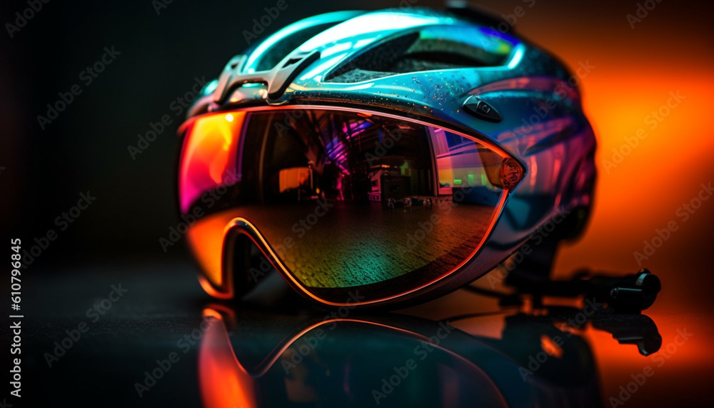 Fast biker wearing sunglasses rides through illuminated city at night generated by AI