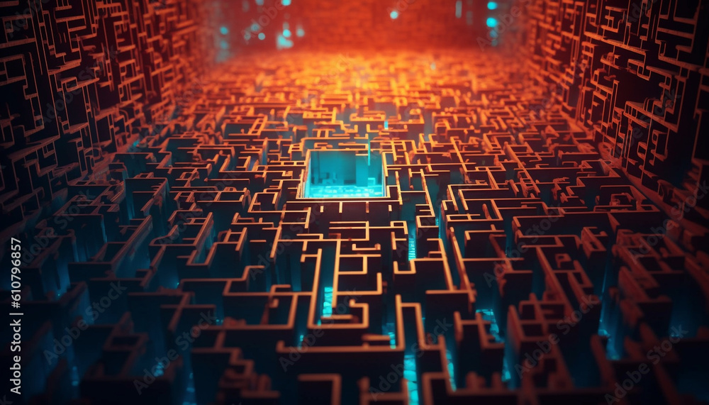 Glowing blue backdrop illuminates complex binary code in a futuristic maze generated by AI